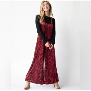 Natural Life Dakota Velvet Wide Leg Overall Cranberry M Floral Cottagecore Arsty